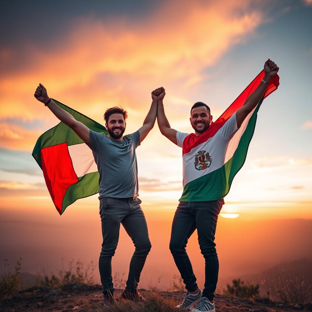 A powerful image depicting two men celebrating the victory, unity, hope, and pride of their nations