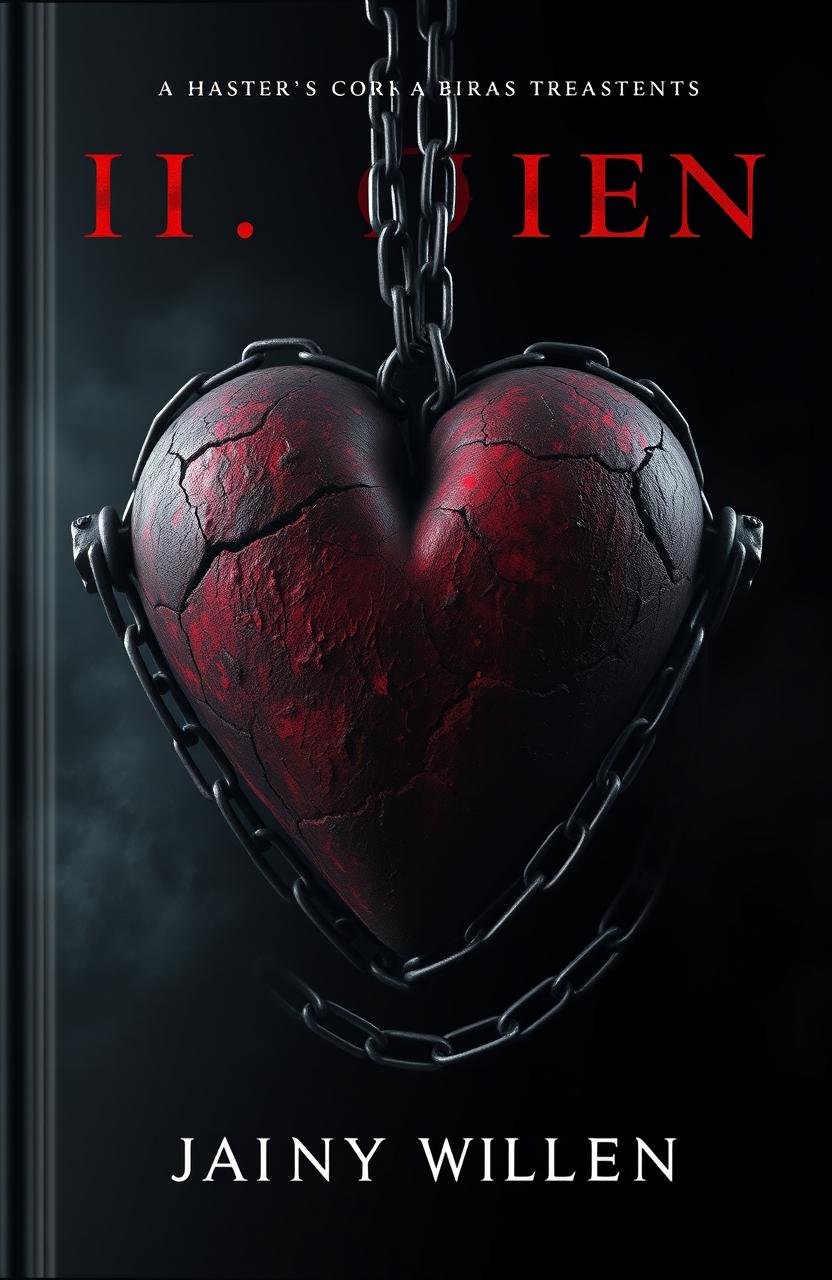 A dark book cover design featuring a large, intricate heart shape at the center