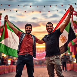 A vibrant scene depicting two men celebrating victory, unity, hope, and pride for their nations