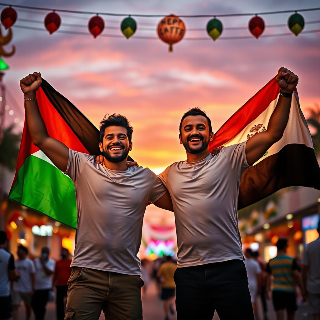 A vibrant scene depicting two men celebrating victory, unity, hope, and pride for their nations