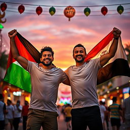 A vibrant scene depicting two men celebrating victory, unity, hope, and pride for their nations