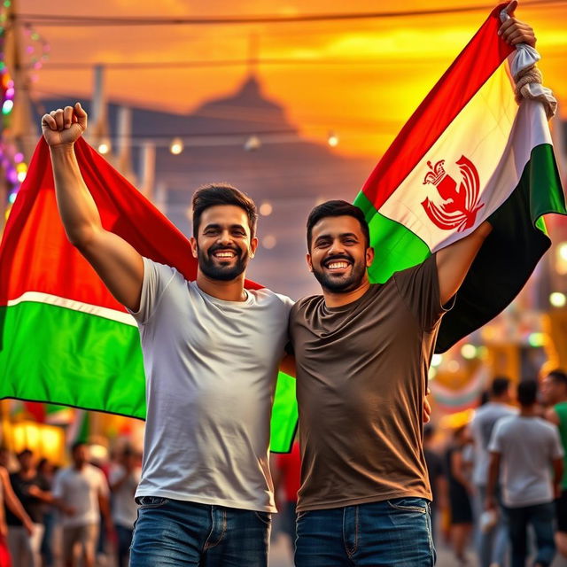 A vibrant scene depicting two men celebrating victory, unity, hope, and pride for their nations