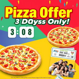 A colorful and inviting advertisement for a pizza offer, featuring a variety of delicious pizzas with different toppings such as pepperoni, vegetables, and cheese