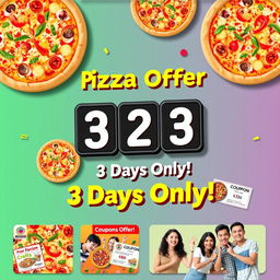 A colorful and inviting advertisement for a pizza offer, featuring a variety of delicious pizzas with different toppings such as pepperoni, vegetables, and cheese