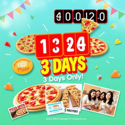 A colorful and inviting advertisement for a pizza offer, featuring a variety of delicious pizzas with different toppings such as pepperoni, vegetables, and cheese