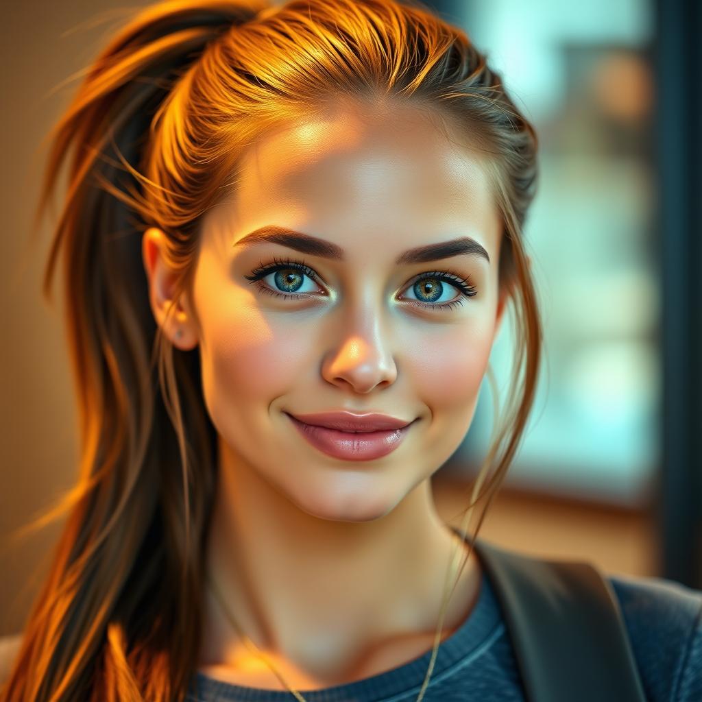 A close-up portrait of an attractive woman in her mid-20s, with long, flowing hair styled in a sleek ponytail