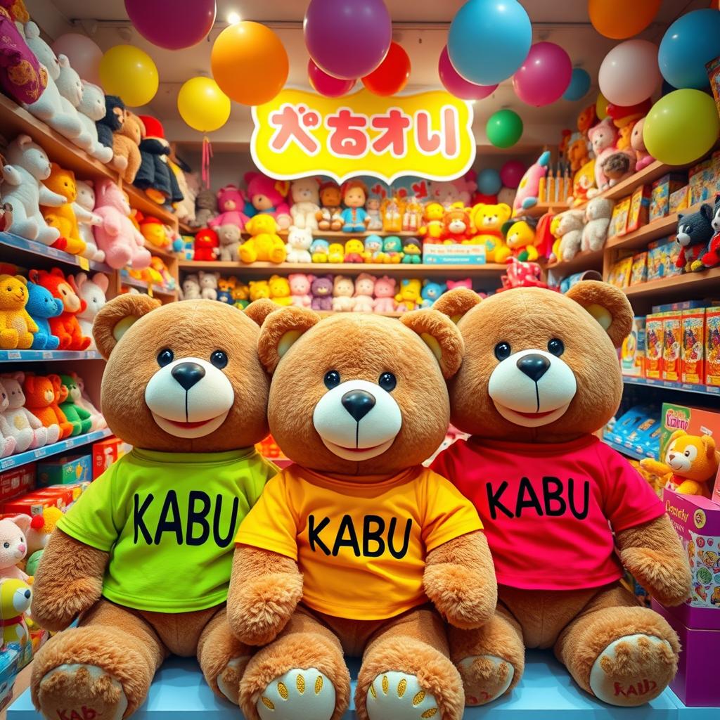A vibrant and inviting toy store filled with a variety of stuffed animals and toys, with prominent plush bears wearing brightly colored shirts embroidered with the word "KABU"