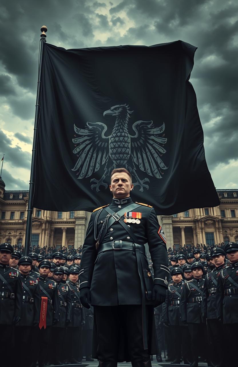 A dramatic scene depicting the rise of a dictatorship in Europe, specifically in Germany