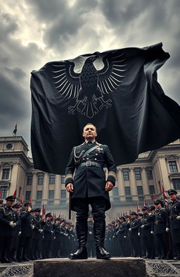 A dramatic scene depicting the rise of a dictatorship in Europe, specifically in Germany