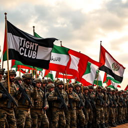 A powerful army gathering, showcasing troops standing strong and united, all with flags waving high
