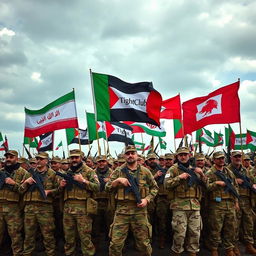 A powerful army gathering, showcasing troops standing strong and united, all with flags waving high