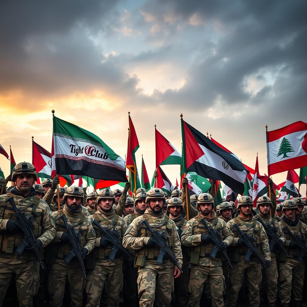 A powerful army gathering, showcasing troops standing strong and united, all with flags waving high