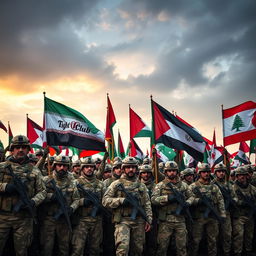 A powerful army gathering, showcasing troops standing strong and united, all with flags waving high