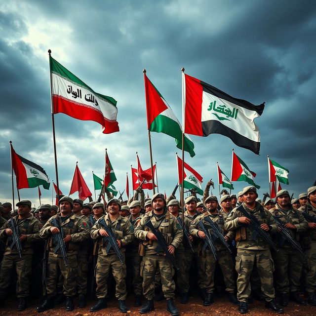 A powerful army gathering, showcasing troops standing strong and united, all with flags waving high
