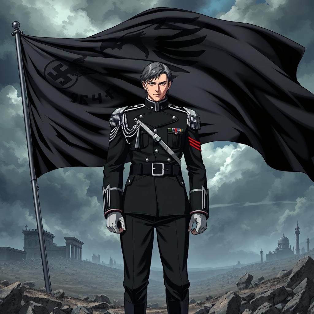 An anime-style book cover illustrating the rise of a dictatorship in Europe, focusing on Germany under the leadership of a character named Aron