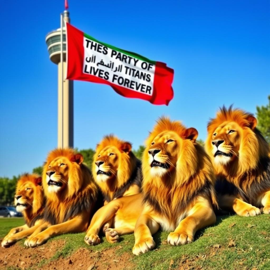 A pride of lions resting near the Milad Tower in Tehran, with a large flag prominently displayed atop the tower