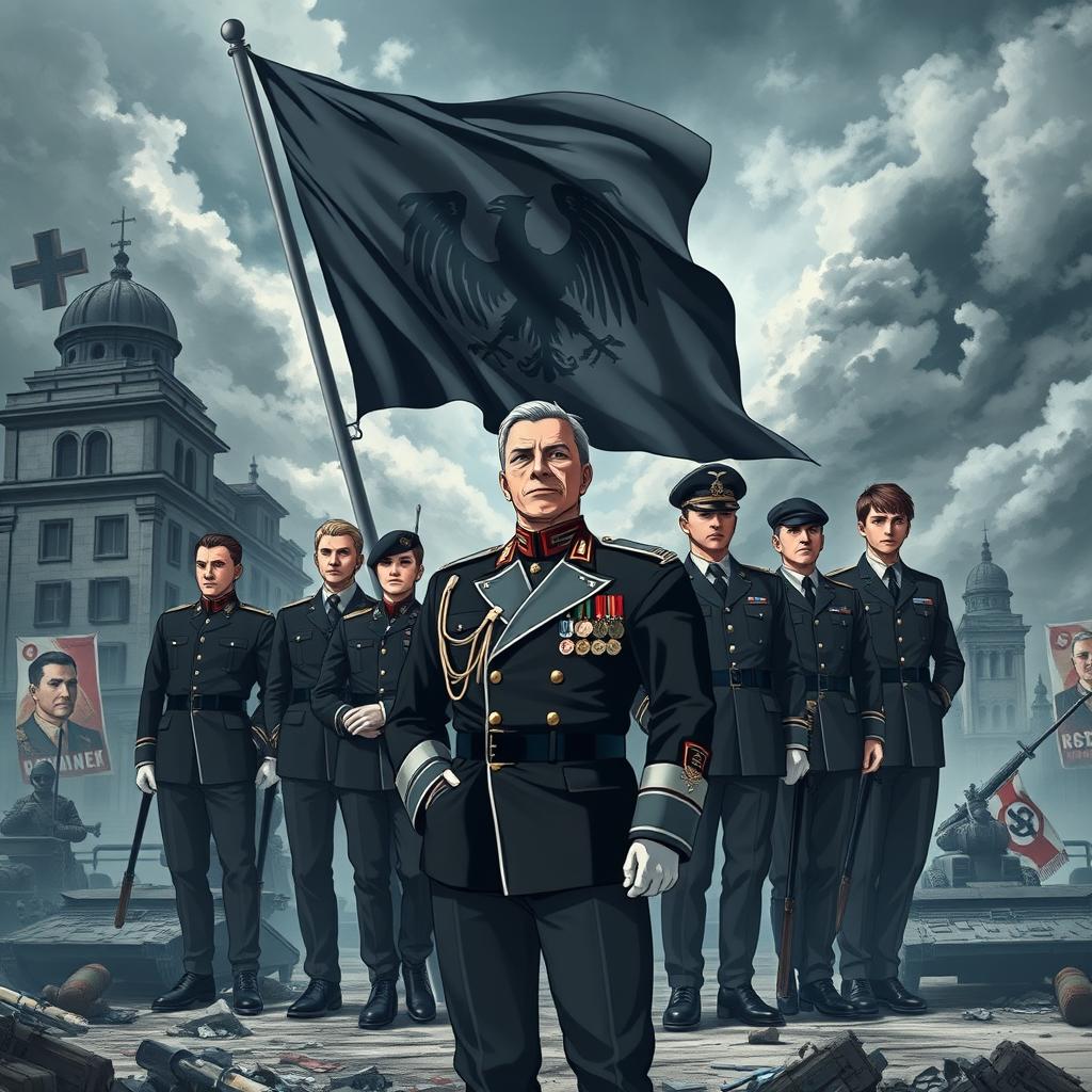 An anime-style book cover depicting the rise of a dictatorship in Germany, focusing on the charismatic leader Aron