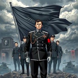 An anime-style book cover depicting the rise of a dictatorship in Germany, focusing on the charismatic leader Aron