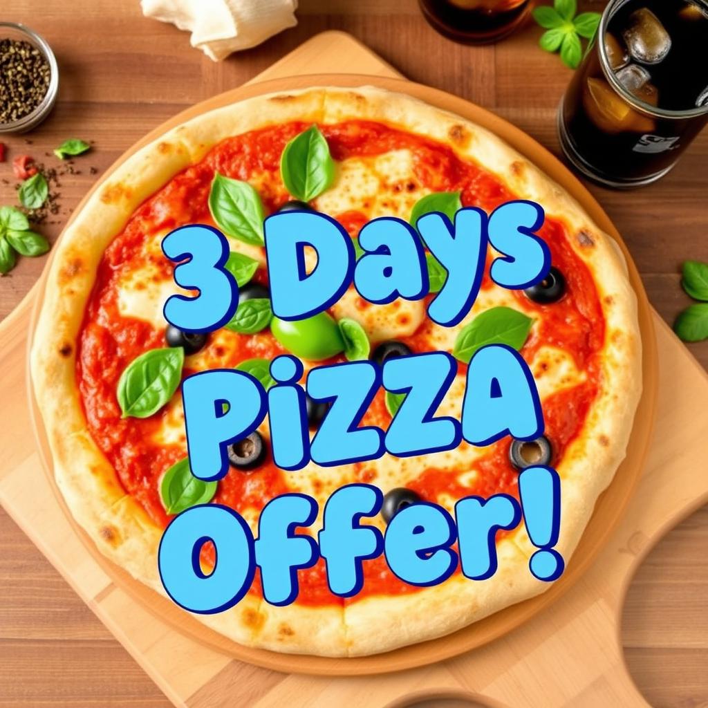 A delicious, mouth-watering pizza offer featuring a classic pizza design with a golden crust topped with a rich tomato sauce, a generous sprinkling of gooey mozzarella cheese, vibrant green bell peppers, sliced black olives, and fresh basil leaves