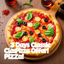 A delicious, mouth-watering pizza offer featuring a classic pizza design with a golden crust topped with a rich tomato sauce, a generous sprinkling of gooey mozzarella cheese, vibrant green bell peppers, sliced black olives, and fresh basil leaves