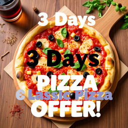 A delicious, mouth-watering pizza offer featuring a classic pizza design with a golden crust topped with a rich tomato sauce, a generous sprinkling of gooey mozzarella cheese, vibrant green bell peppers, sliced black olives, and fresh basil leaves