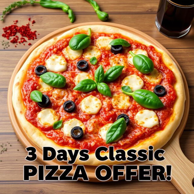 A delicious, mouth-watering pizza offer featuring a classic pizza design with a golden crust topped with a rich tomato sauce, a generous sprinkling of gooey mozzarella cheese, vibrant green bell peppers, sliced black olives, and fresh basil leaves