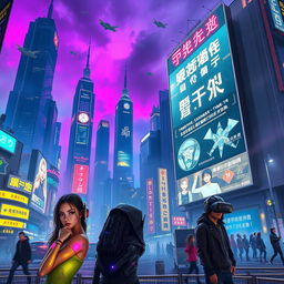 A vibrant cyberpunk cityscape at night, featuring towering neon-lit skyscrapers, flying cars, and bustling streets filled with futuristic pedestrians