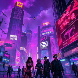 A vibrant cyberpunk cityscape at night, featuring towering neon-lit skyscrapers, flying cars, and bustling streets filled with futuristic pedestrians