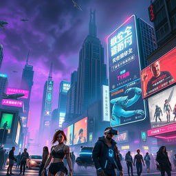 A vibrant cyberpunk cityscape at night, featuring towering neon-lit skyscrapers, flying cars, and bustling streets filled with futuristic pedestrians