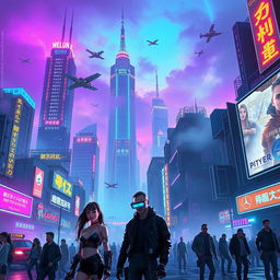 A vibrant cyberpunk cityscape at night, featuring towering neon-lit skyscrapers, flying cars, and bustling streets filled with futuristic pedestrians