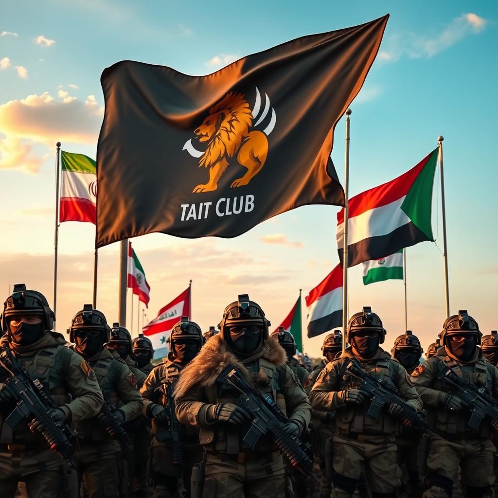 A powerful army equipped with advanced military equipment, showcasing a lion blanket prominently displayed on a large flag that reads 'Tait Club'