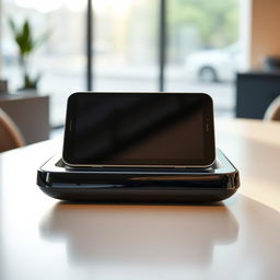 A visually appealing product image of a high-end gadget displayed on a sleek, modern table