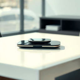 A visually appealing product image of a high-end gadget displayed on a sleek, modern table