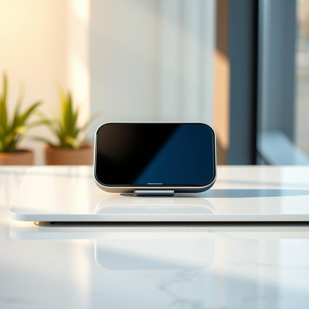 A visually appealing product image of a high-end gadget displayed on a sleek, modern table
