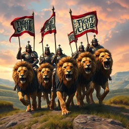 A dramatic scene featuring several soldiers riding on majestic lions