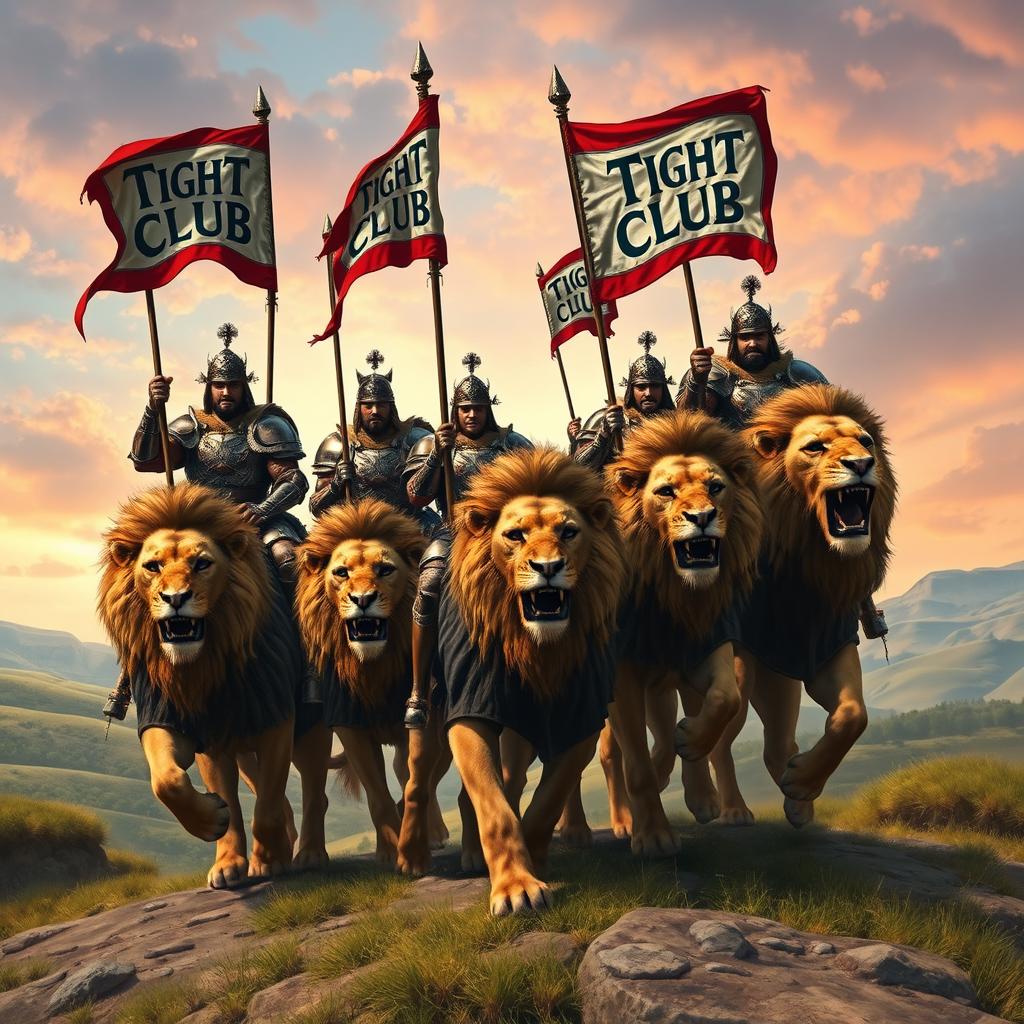 A dramatic scene featuring several soldiers riding on majestic lions