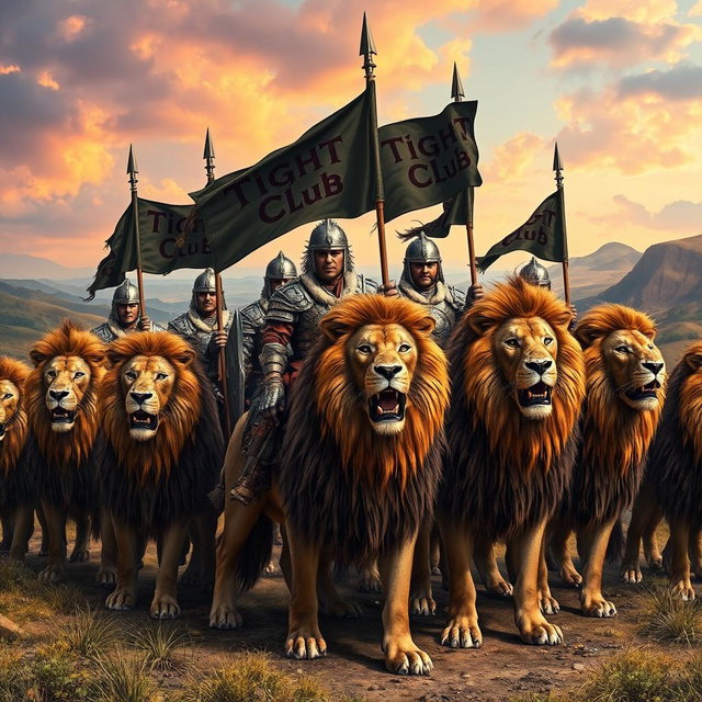 A dramatic scene featuring several soldiers riding on majestic lions