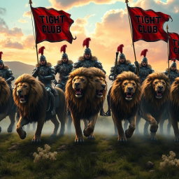 A dramatic scene featuring several soldiers riding on majestic lions
