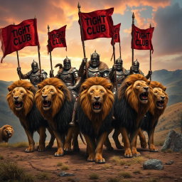 A dramatic scene featuring several soldiers riding on majestic lions
