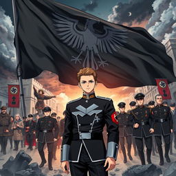 An anime-style book cover depicting the rise of a dictatorship in Europe, with a focus on Germany under the leadership of a young man named Aron