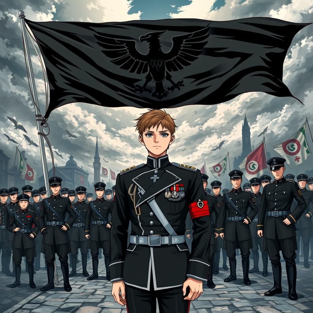 An anime-style book cover depicting the rise of a dictatorship in Europe, with a focus on Germany under the leadership of a young man named Aron