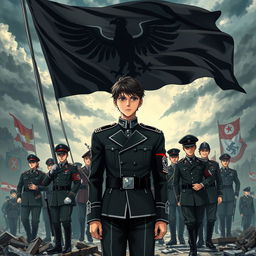 An anime-style book cover depicting the rise of a dictatorship in Europe, with a focus on Germany under the leadership of a young man named Aron