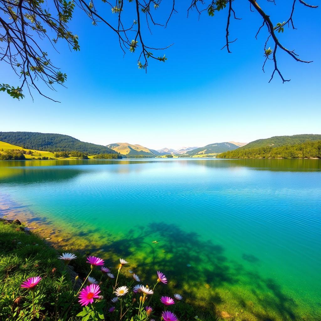 A beautiful landscape scene featuring a serene lake surrounded by lush greenery and rolling hills under a clear blue sky