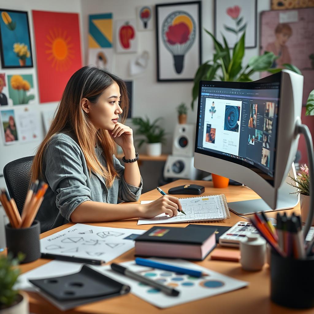 A creative designer working diligently at her desk, intently focused on her desktop as she explores and creates the best design