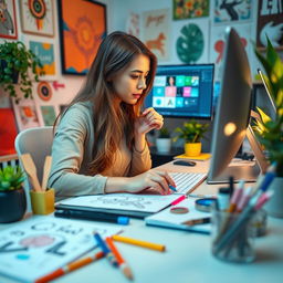 A creative designer working diligently at her desk, intently focused on her desktop as she explores and creates the best design