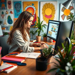 A creative designer working diligently at her desk, intently focused on her desktop as she explores and creates the best design