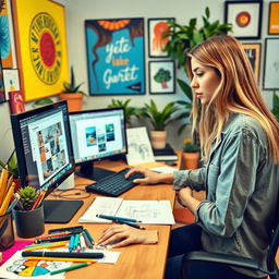A creative designer working diligently at her desk, intently focused on her desktop as she explores and creates the best design