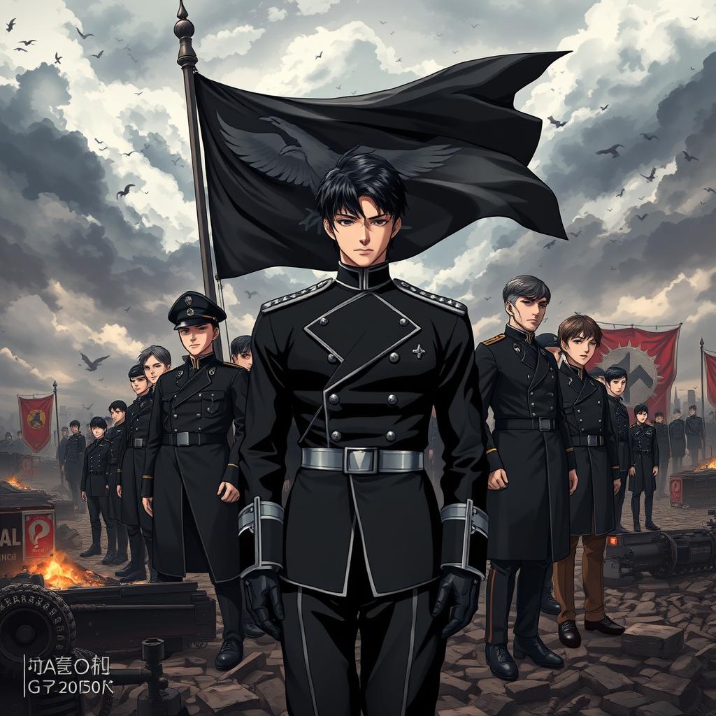 An anime-style book cover depicting the rise of a dictatorship in Europe, specifically in Germany, under the young and handsome leader Aron, whose striking black hair and cold demeanor command attention