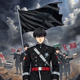 An anime-style book cover depicting the rise of a dictatorship in Europe, specifically in Germany, under the young and handsome leader Aron, whose striking black hair and cold demeanor command attention