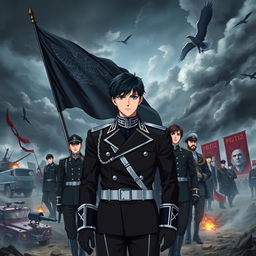 An anime-style book cover depicting the rise of a dictatorship in Europe, specifically in Germany, under the young and handsome leader Aron, whose striking black hair and cold demeanor command attention